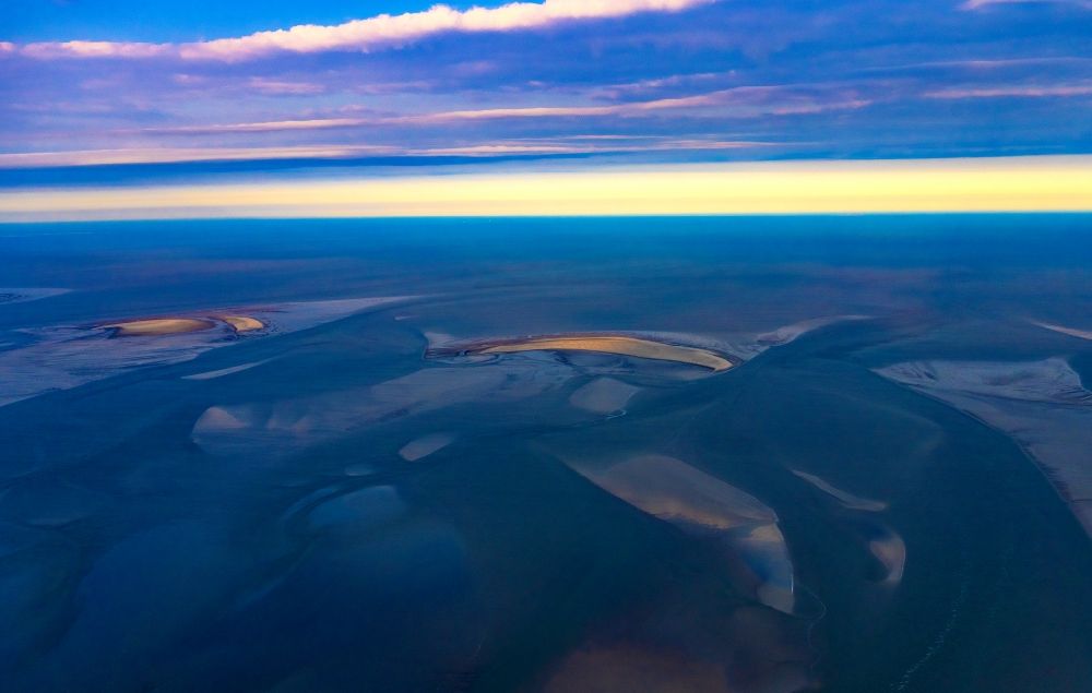 Westerhever from above - Coastal landscape and sandbank structures North Sea in sunrise in Westerhever in the state Schleswig-Holstein, Germany