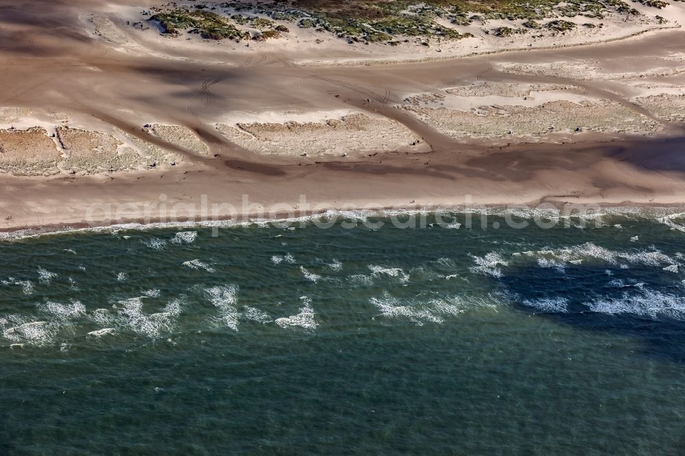 Amrum from above - Coastal landscape on the sandy beach of the North Sea island of Amrum in Norddorf in the state Schleswig-Holstein, Germany