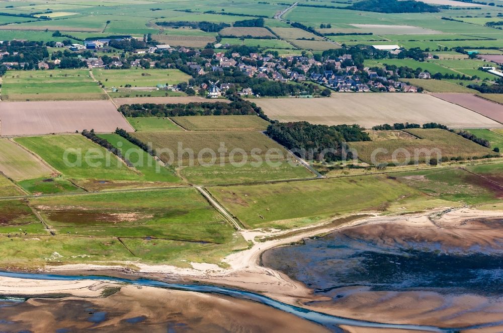 Witsum from above - Coastal landscape on the sandy beach of the North Sea - the island of Foehr in the state Schleswig-Holstein, Germany