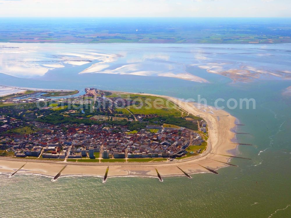 Norderney from above - Coastline on the sandy beach of North Sea island in Norderney in the state Lower Saxony, Germany