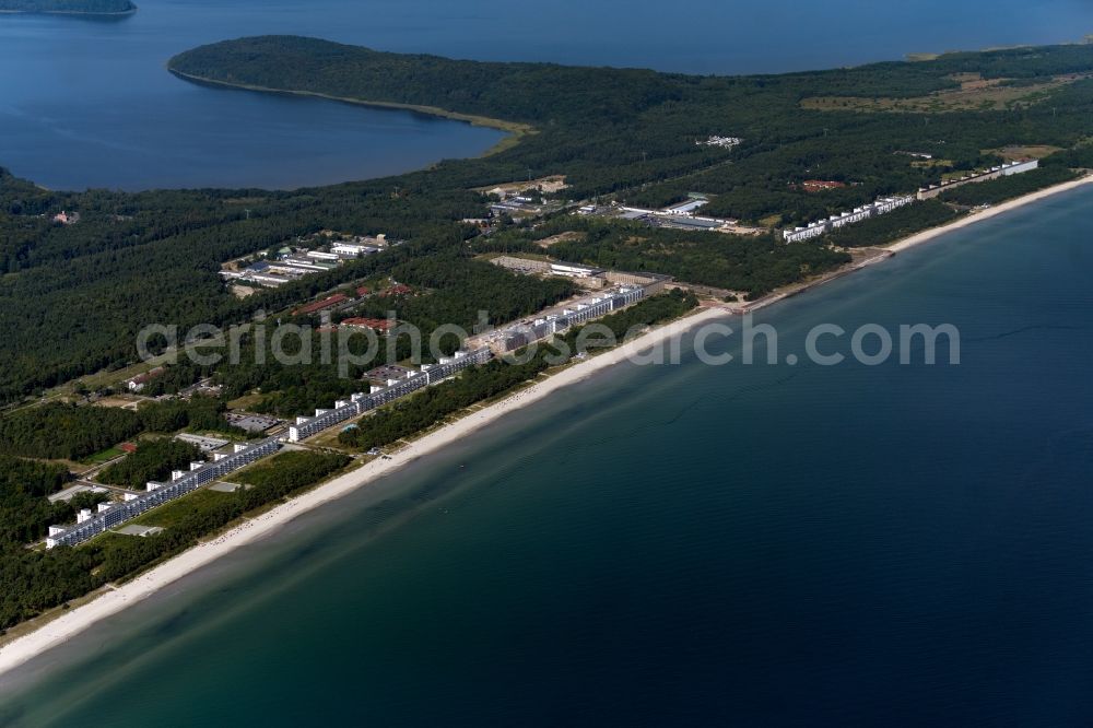Binz from above - Coastline on the sandy beach of Baltic Sea in the district Prora in Binz in the state Mecklenburg - Western Pomerania, Germany