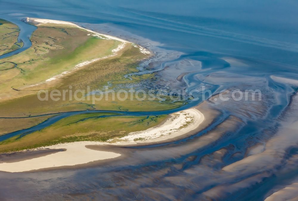 Sankt Peter-Ording from above - Coastal landscape with sandy beach and Watt structures in the district Boehl in Sankt Peter-Ording in North Friesland in the state Schleswig-Holstein, Germany. Tideways run through the salt marshes on the edge of the Wadden Sea