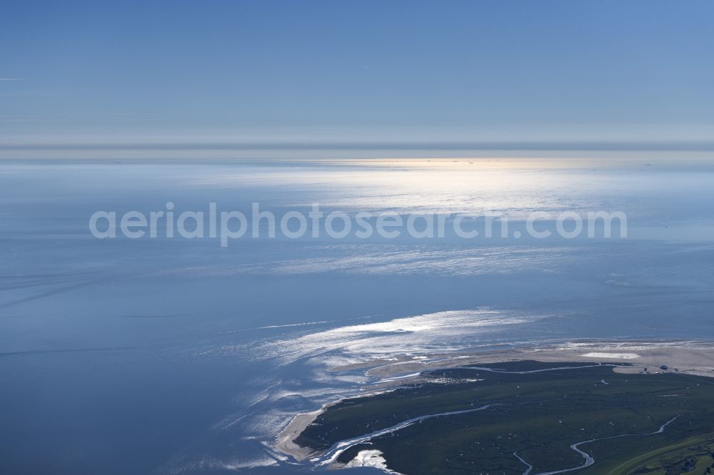 Sankt Peter-Ording from above - Coastal landscape with sandy beach and Watt structures in the district Boehl in Sankt Peter-Ording in North Friesland in the state Schleswig-Holstein, Germany. Tideways run through the salt marshes on the edge of the Wadden Sea