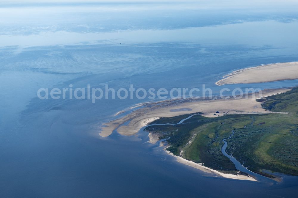 Aerial image Sankt Peter-Ording - Coastal landscape with sandy beach and Watt structures in the district Boehl in Sankt Peter-Ording in North Friesland in the state Schleswig-Holstein, Germany. Tideways run through the salt marshes on the edge of the Wadden Sea
