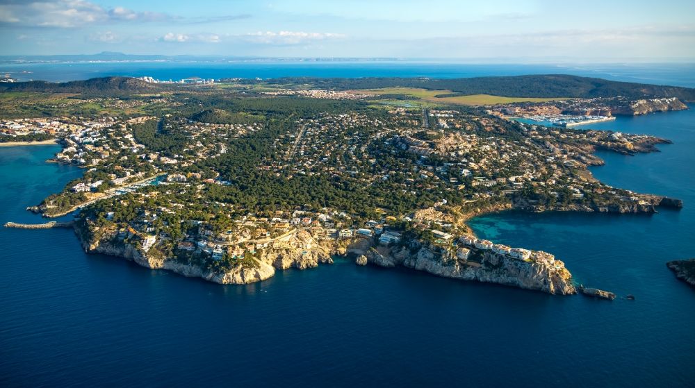 Calvia from the bird's eye view: Coastline at the rocky cliffs of on the Balearic Sea in Calvia in Balearic islands, Spain