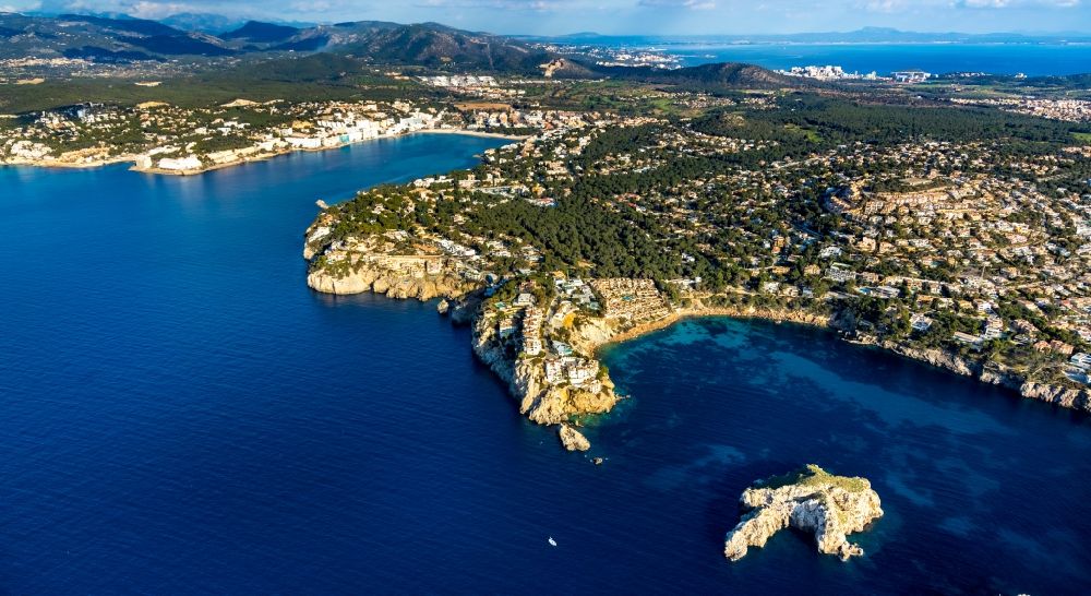 Aerial image Calvia - Coastline at the rocky cliffs of on the Balearic Sea in Calvia in Balearic islands, Spain