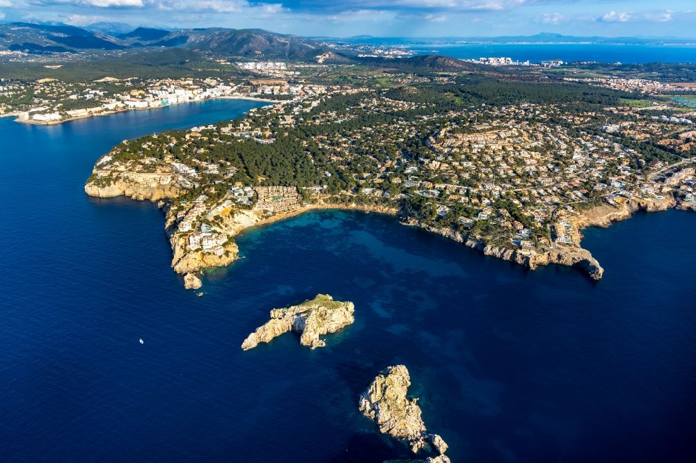 Aerial photograph Calvia - Coastline at the rocky cliffs of on the Balearic Sea in Calvia in Balearic islands, Spain
