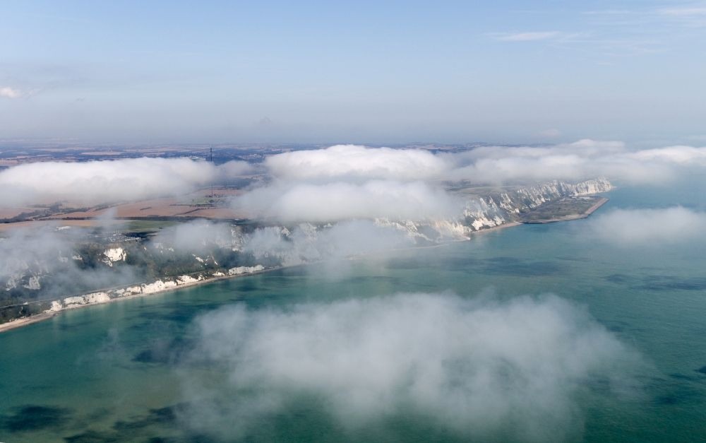 Dover from above - Coastline at the rocky cliffs of Dover in England, United Kingdom. White Cliffs of Dover