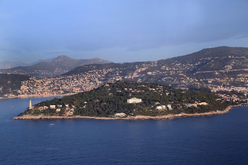 Aerial image Saint-Jean-Cap-Ferrat - Coastline at the rocky cliffs on the peninsula Cap Ferrat in the Mediterranean Sea in Saint-Jean-Cap-Ferrat in Provence-Alpes-Cote d'Azur, France