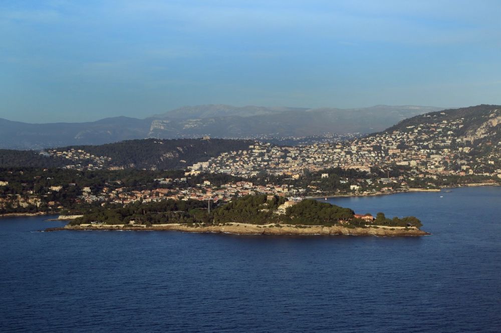Aerial image Saint-Jean-Cap-Ferrat - Coastline at the rocky cliffs on the peninsula Cap Ferrat in the Mediterranean Sea in Saint-Jean-Cap-Ferrat in Provence-Alpes-Cote d'Azur, France