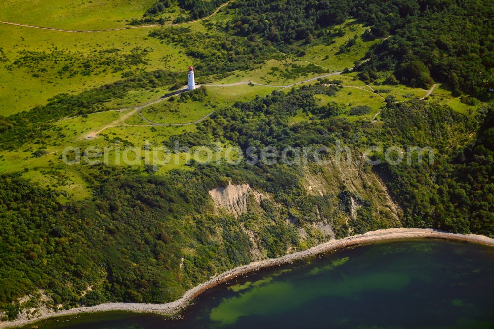 Insel Hiddensee from the bird's eye view: Coastal landscape on the rocky cliffs with Dornbusch lighthouse on the island of Hiddensee on the Baltic Sea coast in the state Mecklenburg - Western Pomerania, Germany