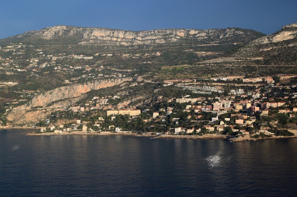 Aerial photograph Cap-d'Ail - Coastline at the rocky cliffs of the Mediterranean sea between Nice and Monaco in Cap-d'Ail in Provence-Alpes-Cote d'Azur, France