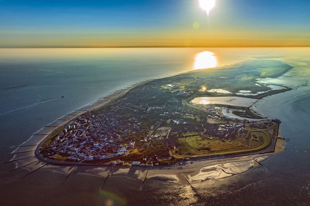Aerial photograph Norderney - Coastal area of the North Sea - the island of Norderney at sunrise in Norderney in the state Lower Saxony, Germany