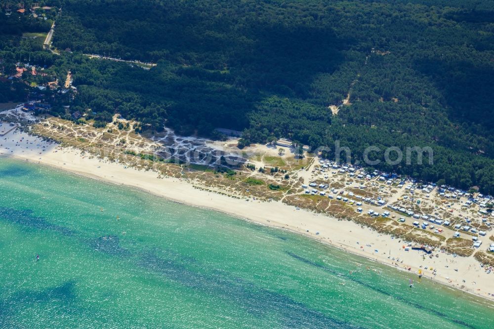 Prerow from the bird's eye view: Coastline on the sandy beach of Baltic Sea in Prerow in the state , Germany