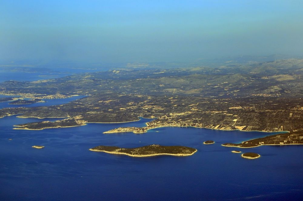 Aerial image Sevid - Coastal area Adriatic Sea - Island in Sevid in Splitsko-dalmatinska zupanija, Croatia