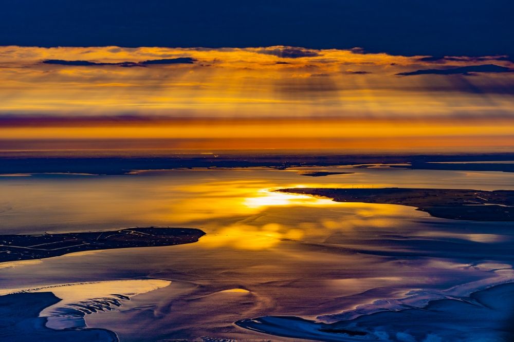 Aerial image Hallig Hooge - Coastal area of Hallig Hooge and the North sea Pellworm island at sunrise in North Frisia in the state Schleswig-Holstein, Germany