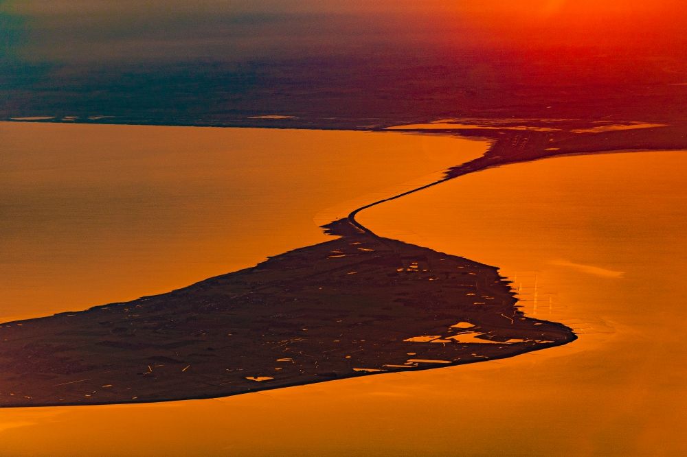 Aerial image Sylt - Coastal area with the Hindenburgdamm - island in Sylt in sunrise in the state Schleswig-Holstein, Germany