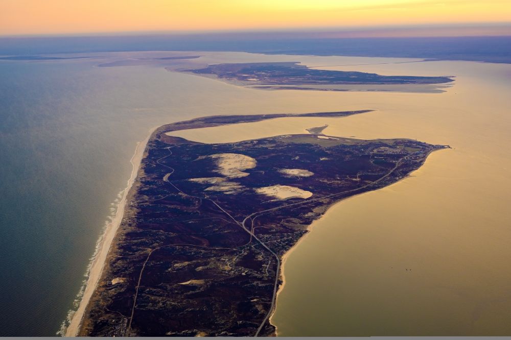 Sylt from the bird's eye view: Coastal area in List on the North Frisian North Sea island of Sylt in sunrise in the state Schleswig-Holstein, Germany