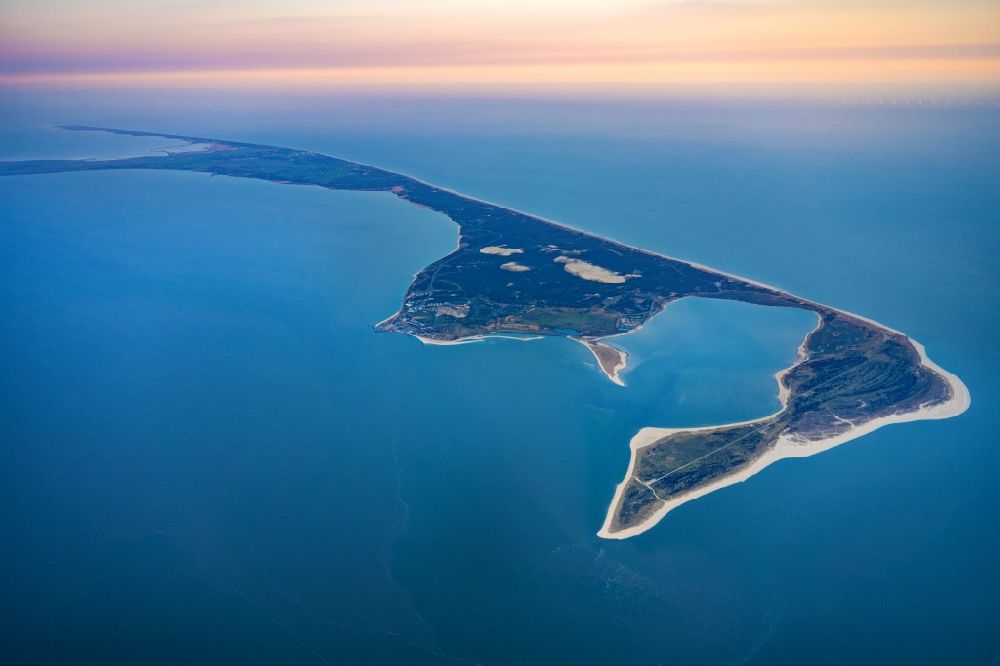Sylt from above - Coastal area in List on the North Frisian North Sea island of Sylt in sunrise in the state Schleswig-Holstein, Germany