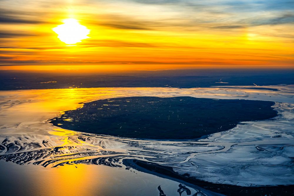 Alkersum from above - Coastal area of the North Sea - the island of Foehr at sunrise in Schleswig-Holstein