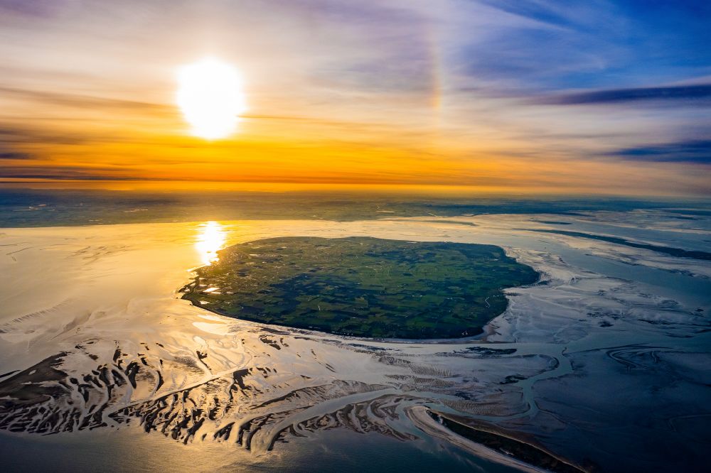 Alkersum from the bird's eye view: Coastal area of the North Sea - the island of Foehr at sunrise in Schleswig-Holstein