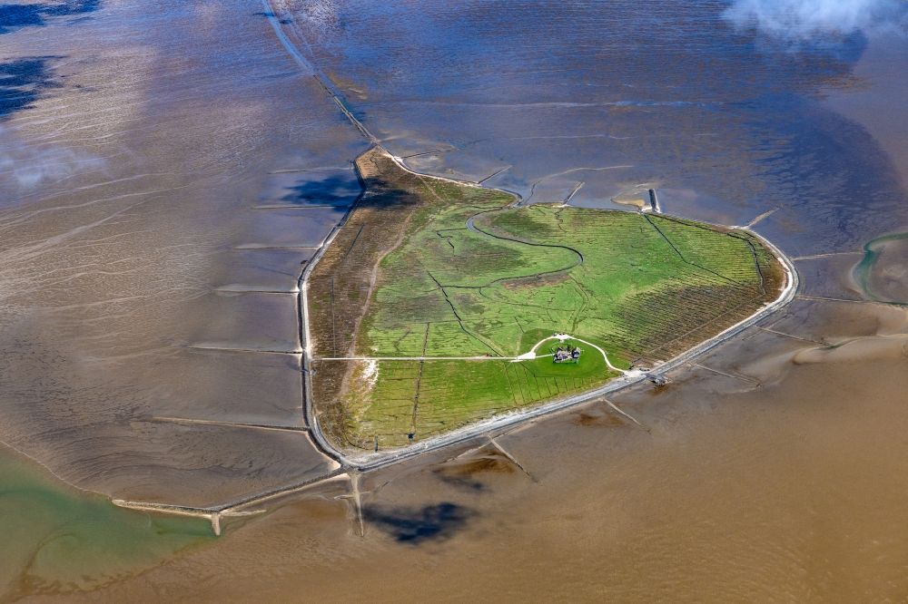 Hallig Südfall from above - Coastal area of North Sea - Island in Hallig Suedfall in the state Schleswig-Holstein, Germany