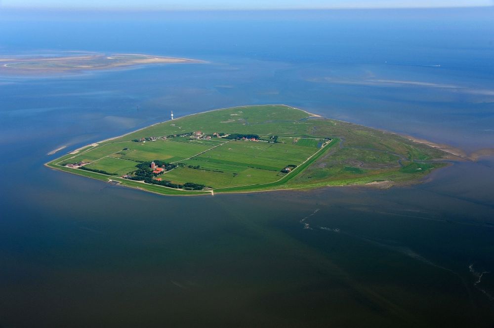 Insel Neuwerk from above - Coastal area of North Sea - Island in Insel Neuwerk in the state Lower Saxony, Germany