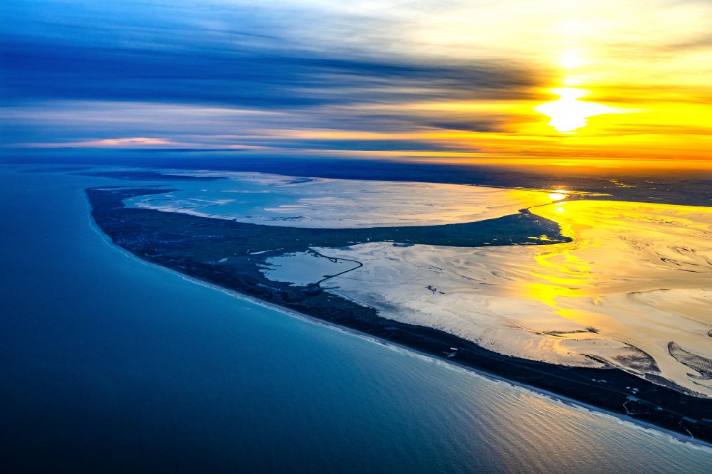 Aerial photograph Sylt - Coastal area North Sea Island of Sylt -at sunrise in the state of Schleswig-Holstein, Germany