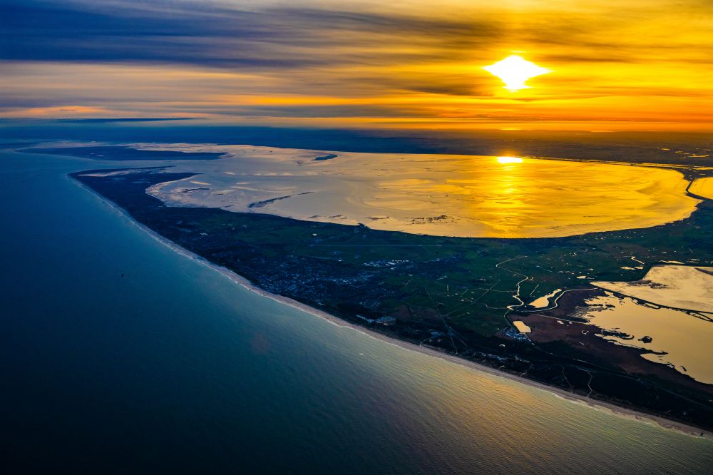 Aerial image Sylt - Coastal area North Sea Island of Sylt -at sunrise in the state of Schleswig-Holstein, Germany