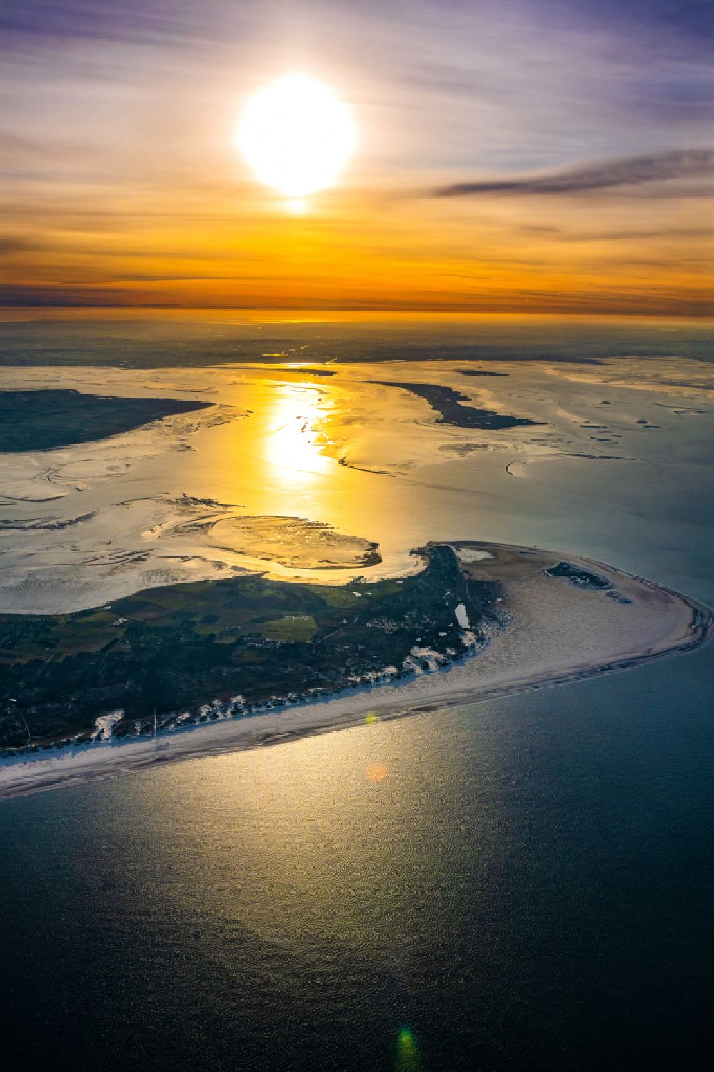 Wittdün auf Amrum from above - Sandy beach - landscape of the coastal area of the North Sea at sunrise - island in Wittduen on Amrum in the state Schleswig-Holstein, Germany