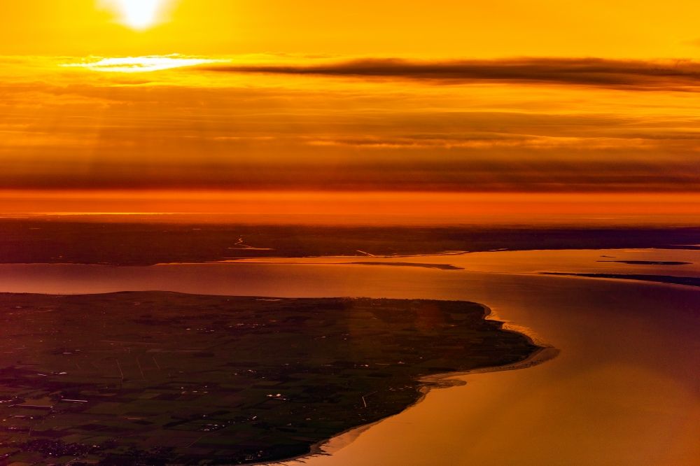 Aerial image Föhr - Coastal area at sunrise - North Sea island Foehr in the state Schleswig-Holstein, Germany