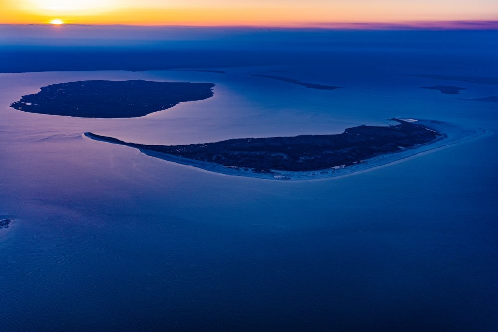Aerial image Amrum - Coastal area in sunrise - North Sea islands in Amrum and Foehr in the state Schleswig-Holstein, Germany