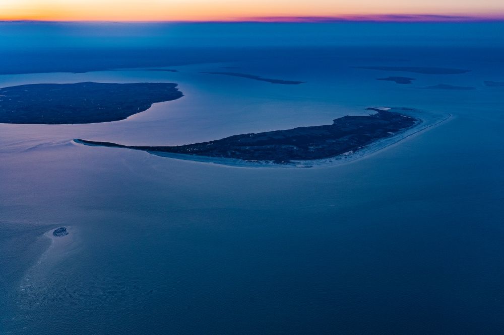 Aerial photograph Amrum - Coastal area in sunrise - North Sea islands in Amrum and Foehr in the state Schleswig-Holstein, Germany
