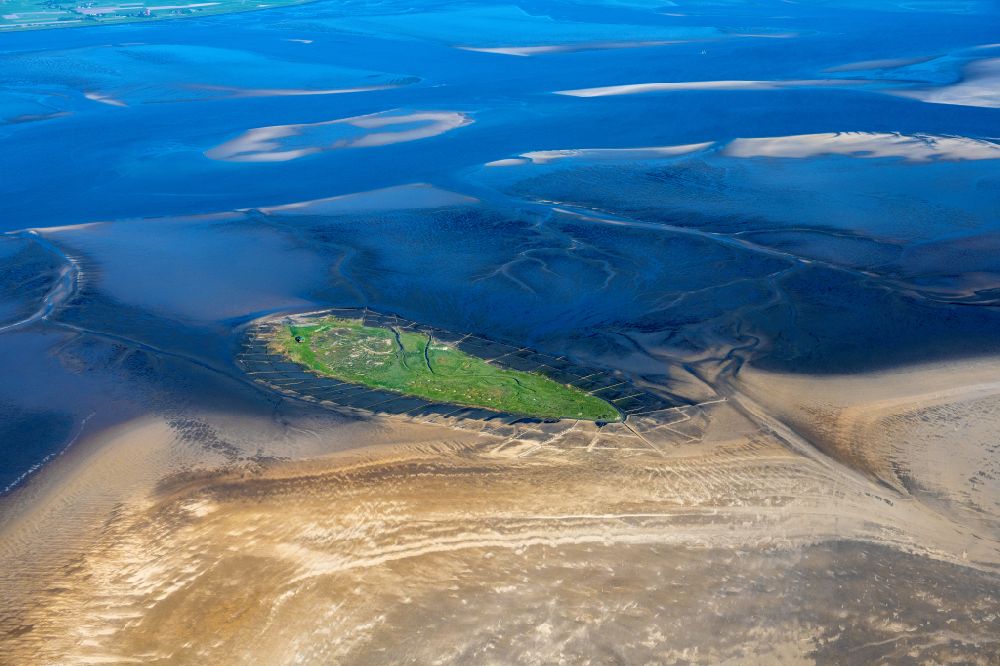 Norderoog from above - Coastal area and nature reserve of the Hallig Norderoog bird sanctuary in the state Schleswig-Holstein, Germany