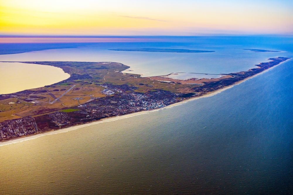 Sylt from above - Coastal area in Westerland on the North Frisian North Sea island of Sylt in sunrise in the state Schleswig-Holstein, Germany
