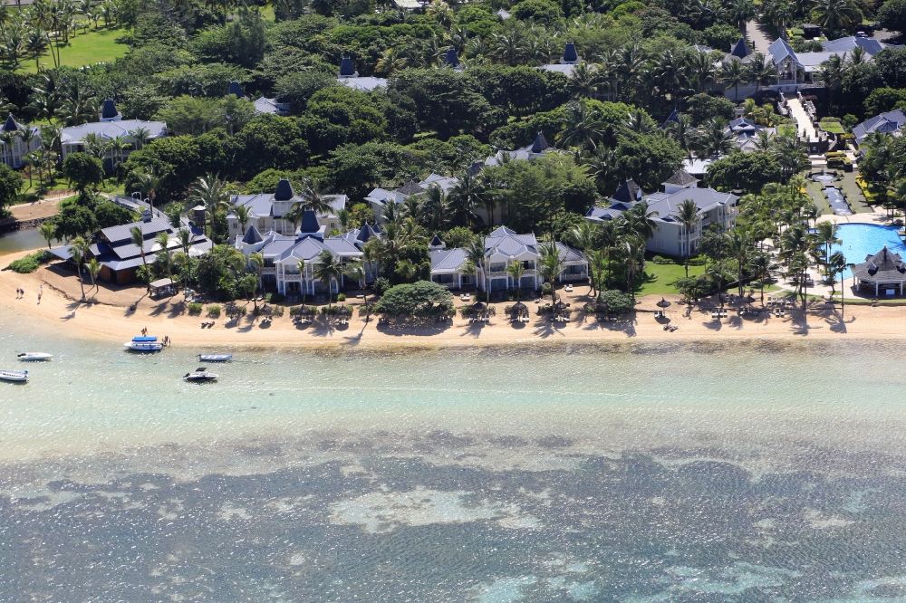 Bel Ombre from above - Beach, lagoon, hotels and golf resort on the south coast of the island Mauritius in the Indian Ocean