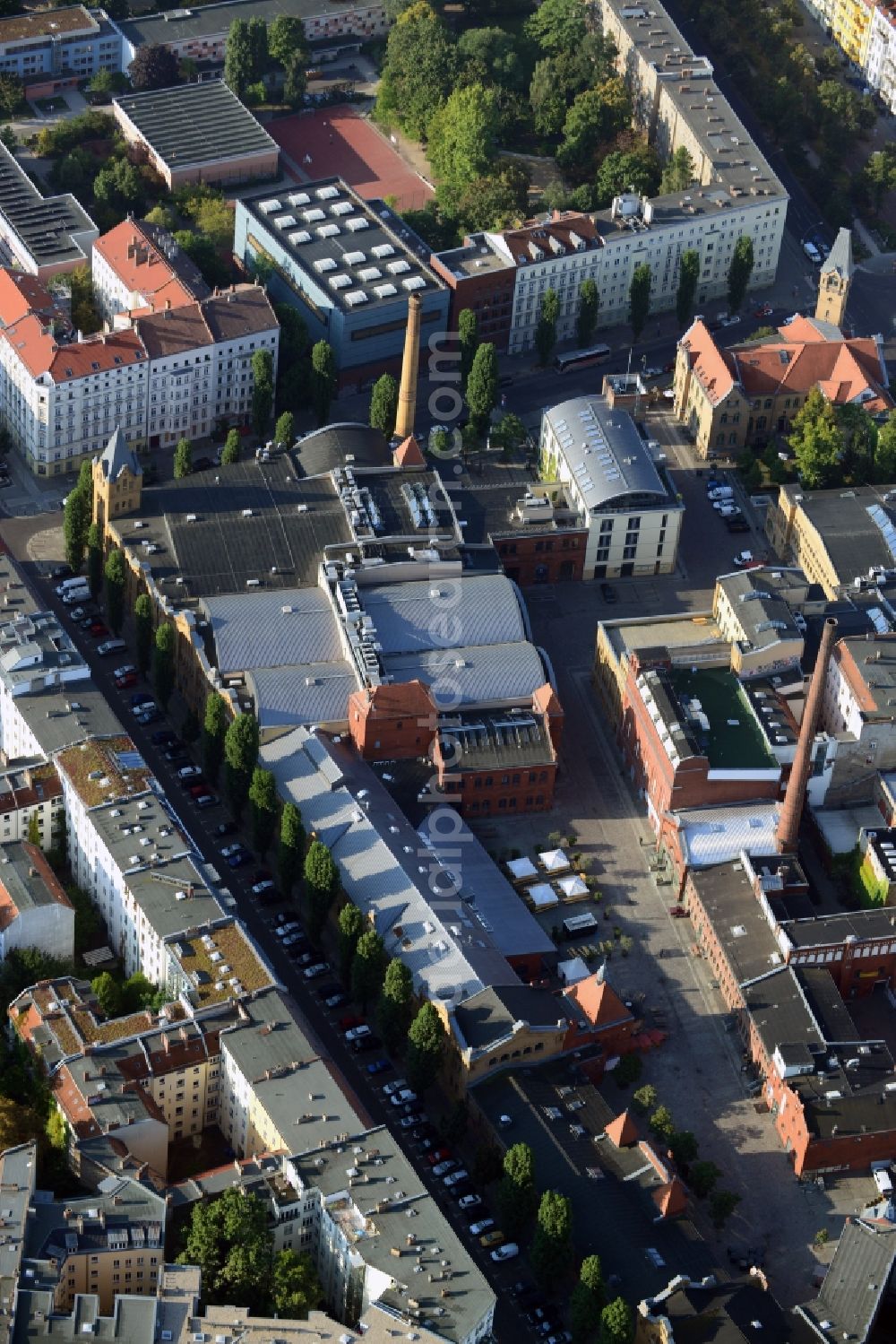 Berlin Prenzlauer Berg from above - Kulturbrauerei Berlin evolved from a brewery to a cultural place. It contains a cinema, theatre, rehearsal rooms, and venues like the so called Kesselhaus or Frannz Klub and much more. It is situated near Schoenhauser Allee