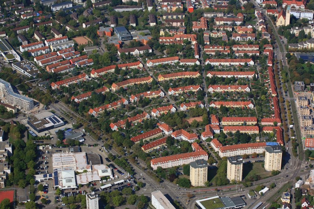 Aerial image Freiburg im Breisgau - The garden city in the district Haslach in Freiburg, Baden-Wuerttemberg. It's very remarkable due to the fan-shaped one family row house design. It is listed as a historical monument