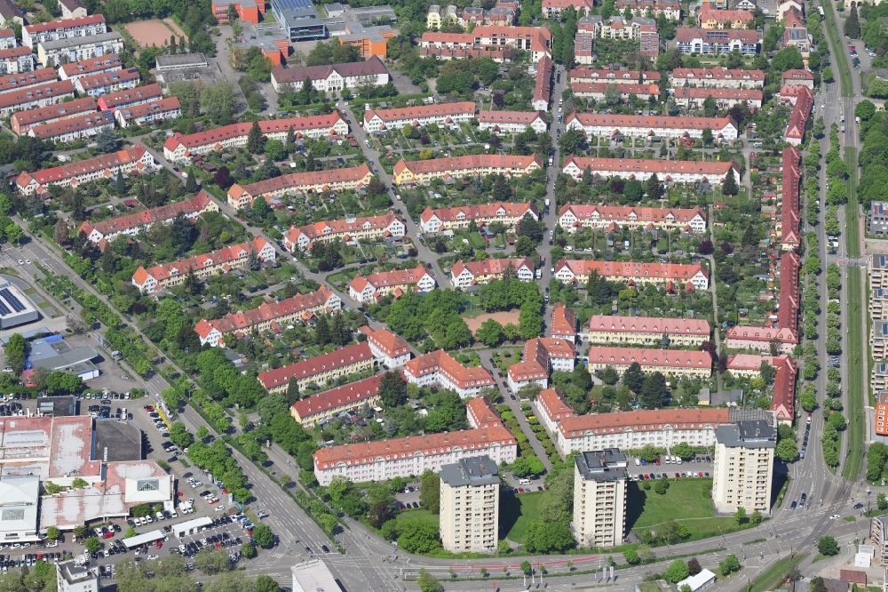 Aerial image Freiburg im Breisgau - The garden city in the district Haslach in Freiburg, Baden-Wuerttemberg. It's very remarkable due to the fan-shaped one family row house design. It is listed as a historical monument