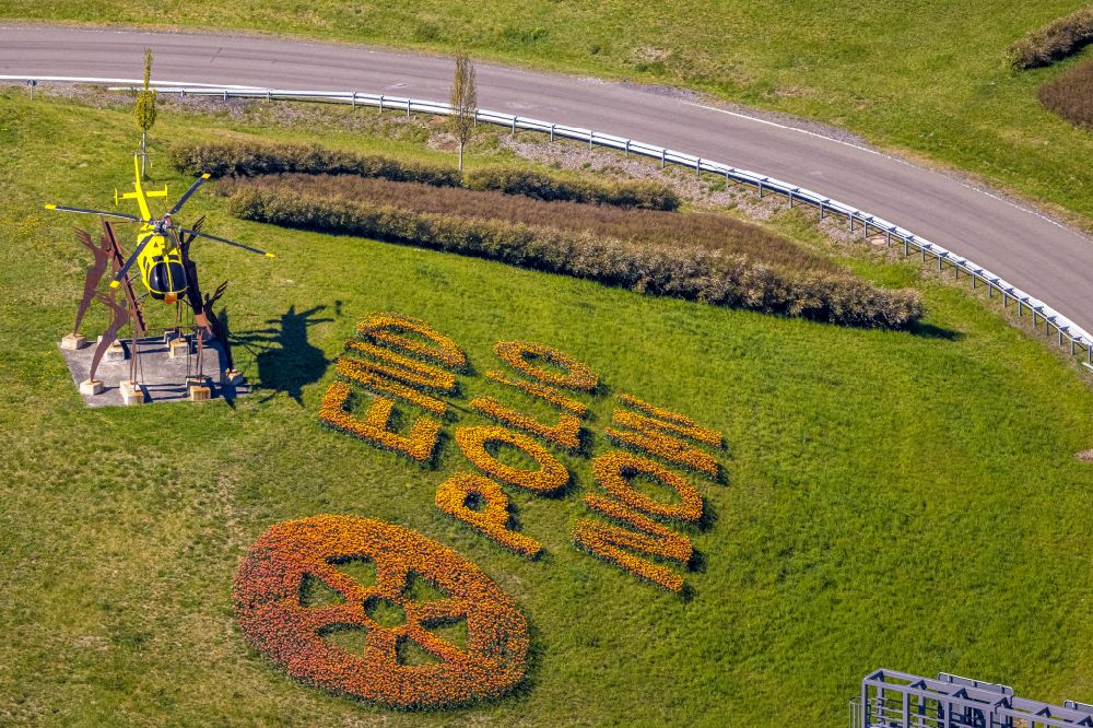 Aerial image Kamen - Outdoor art- installation with flowers - tulips END POLIO NOW on Kamener Kreuz in Kamen at Ruhrgebiet in the state North Rhine-Westphalia, Germany