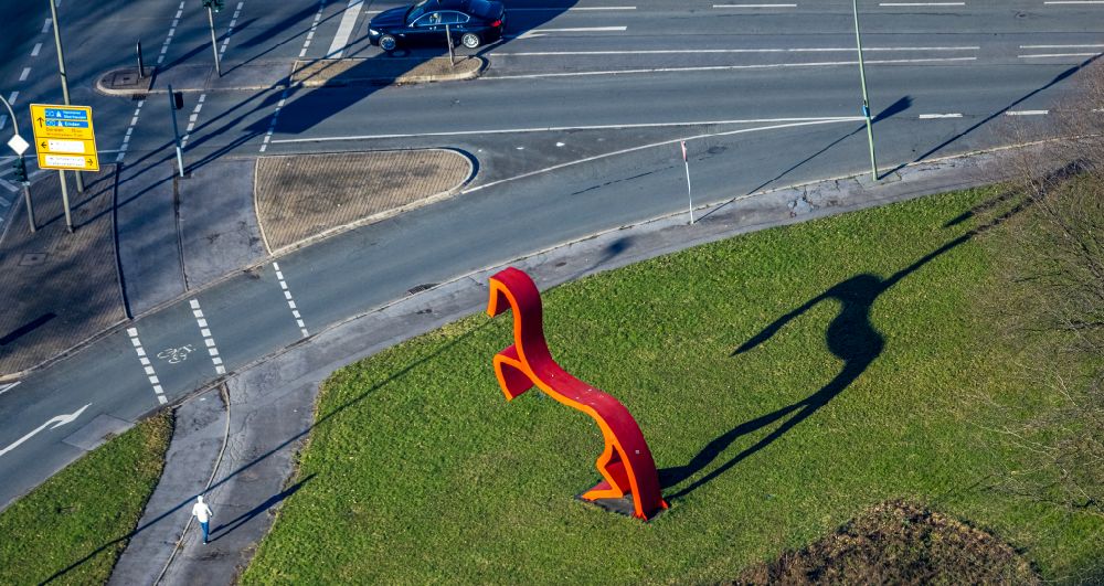 Bottrop from the bird's eye view: Outdoor art- installation The Red Horse on street Schubertstrasse in Bottrop at Ruhrgebiet in the state North Rhine-Westphalia, Germany
