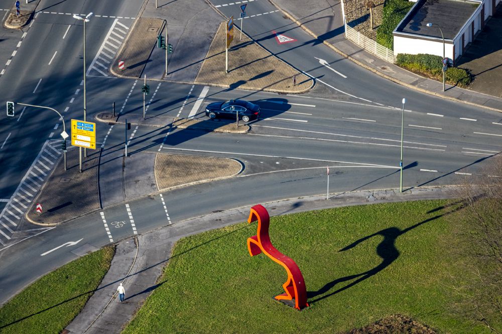 Bottrop from above - Outdoor art- installation The Red Horse on street Schubertstrasse in Bottrop at Ruhrgebiet in the state North Rhine-Westphalia, Germany