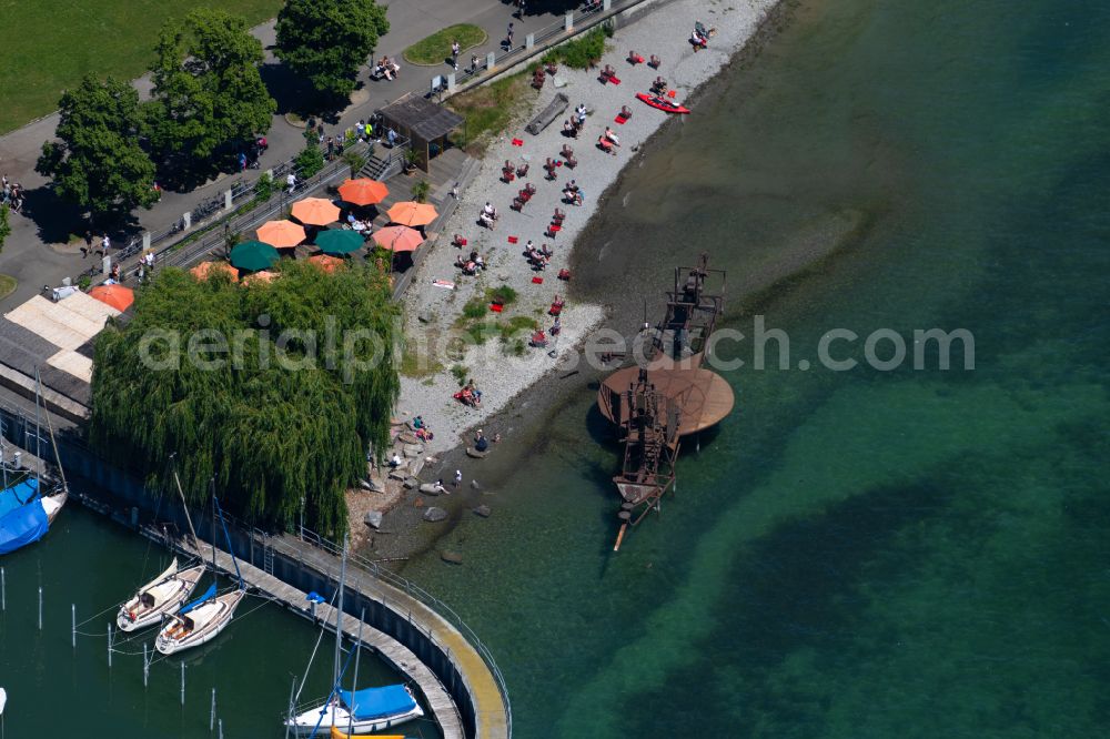 Friedrichshafen from above - Art installation sound ship In the moment on the beach of the beach club in Friedrichshafen on Lake Constance in the state Baden-Wuerttemberg, Germany