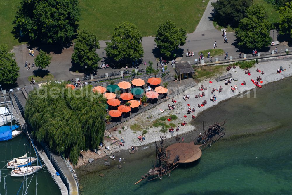 Friedrichshafen from the bird's eye view: Art installation sound ship In the moment on the beach of the beach club in Friedrichshafen on Lake Constance in the state Baden-Wuerttemberg, Germany