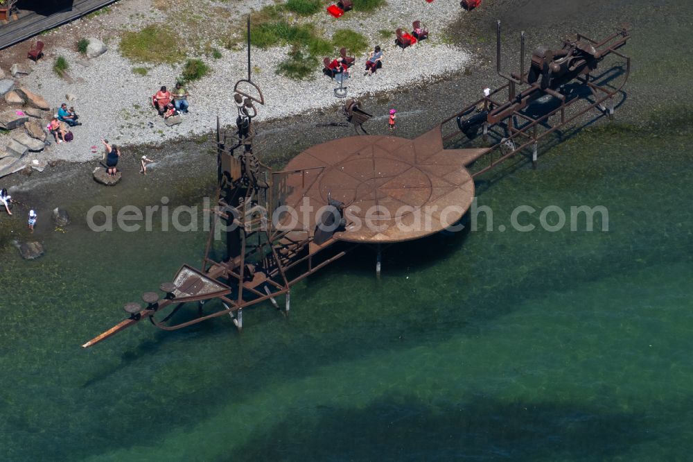 Aerial image Friedrichshafen - Art installation sound ship In the moment on the beach of the beach club in Friedrichshafen on Lake Constance in the state Baden-Wuerttemberg, Germany