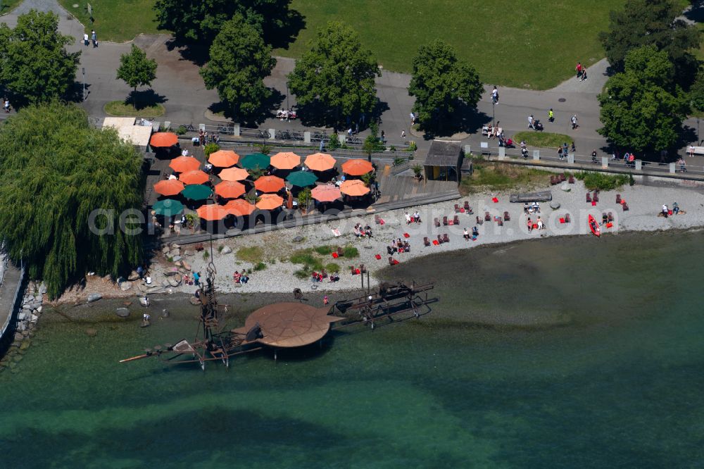 Aerial photograph Friedrichshafen - Art installation sound ship In the moment on the beach of the beach club in Friedrichshafen on Lake Constance in the state Baden-Wuerttemberg, Germany