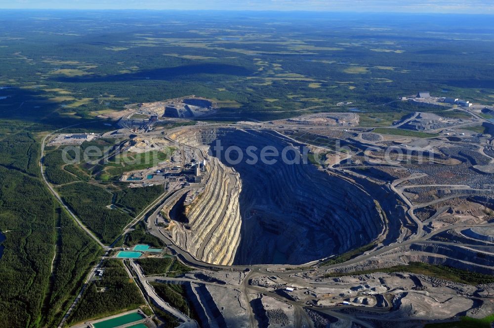 Gällivar from the bird's eye view: Terrain and overburden surfaces of the copper mine open pit in Gaellivar in Sweden