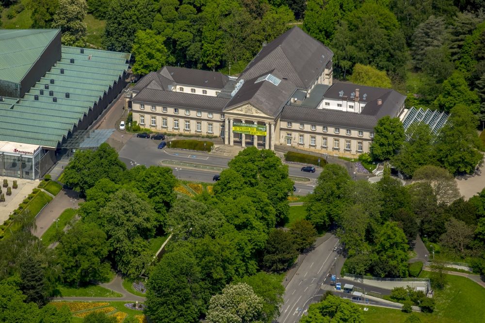 Aachen from above - Spa park and historical buildings in the Northeast of the city centre of Aachen in the state of North Rhine-Westphalia. Aachen is a spa town, diocesan town and the western-most major city of Germany. The park includes the Aachen Casino in the New Spa Building, the Hotel Pullman Aachen Quellenhof and the conference and event location Eurogress Aachen with its distinct green roof