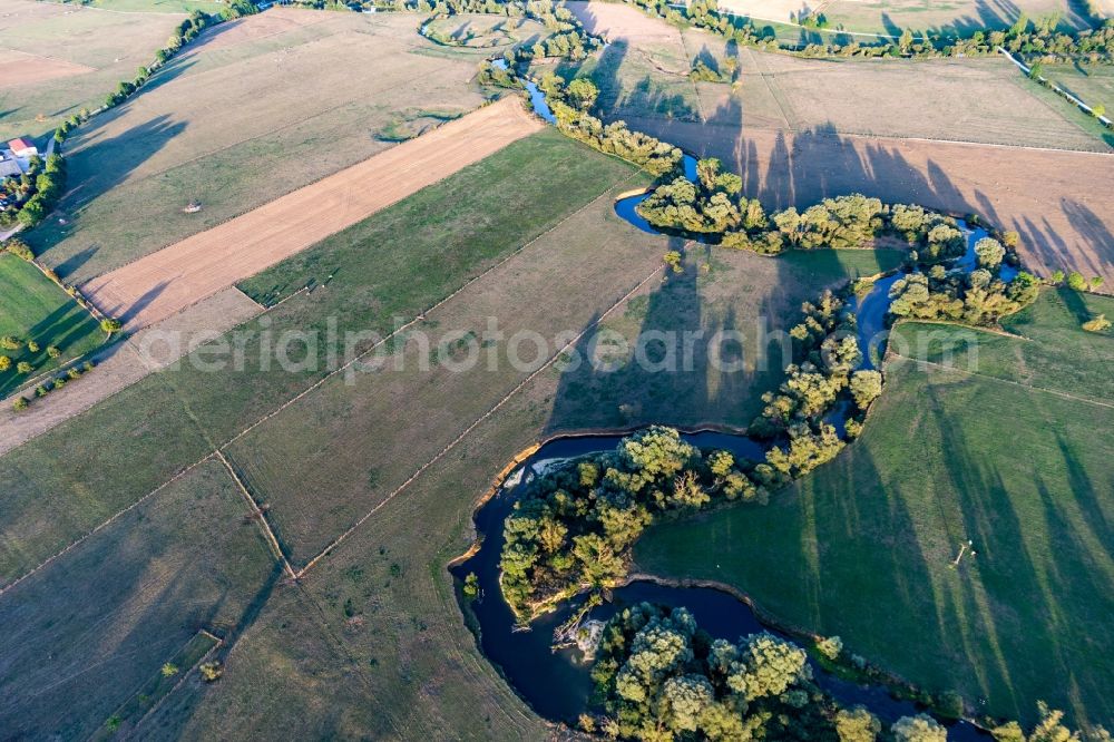 Aerial image Maxey-sur-Meuse - Curved loop of the riparian zones with willows on the course of the river Maas/Meuse in Maxey-sur-Meuse in Grand Est, France