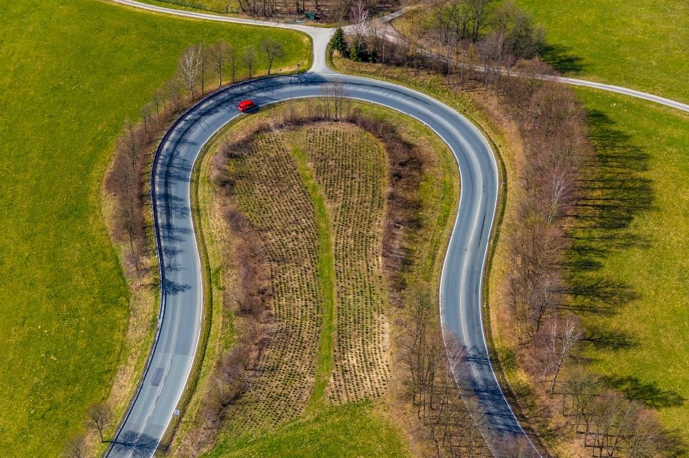 Aerial image Olsberg - A serpentine curve of a road layout north of Olsberg in the state of North Rhine-Westphalia, Germany